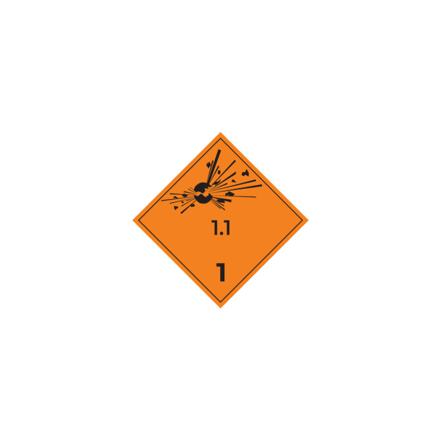 Hazard label No 1 – Explosive substances or articles, Class 1, Division 1.1, PVC packaging labels 100x100mm img01