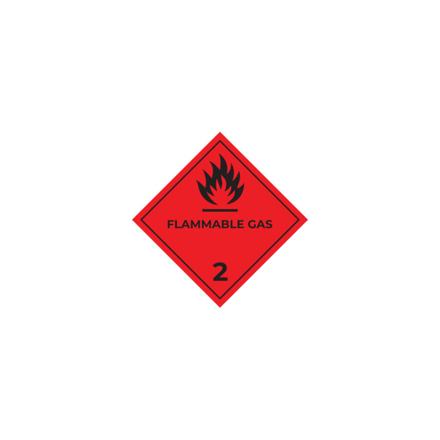 Hazard label No 2.1 – Flammable gases, Class 2 (text), PVC packaging labels 100x100mm img01