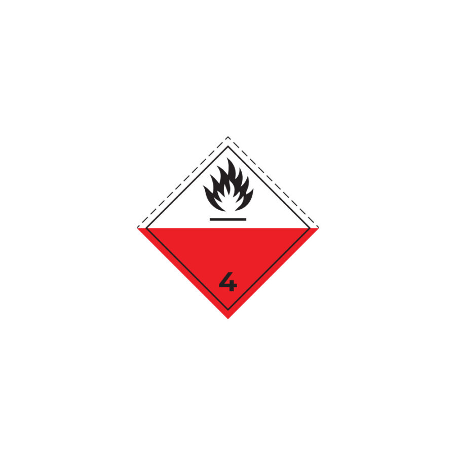 Hazard label No 4.2 – Substances liable to spontaneous combustion, Class 4.2, PVC packaging labels 100x100mm img01