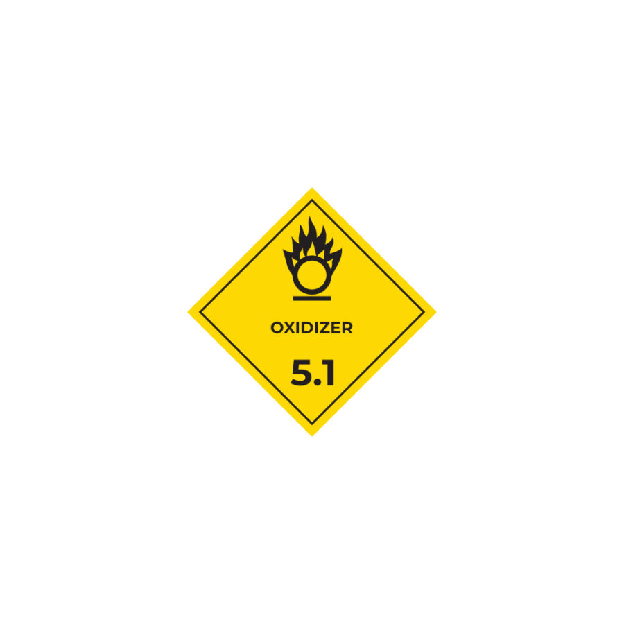 Hazard label No 5.1 – Oxidizing substances, Class 5.1 (text), PVC packaging labels 100x100mm img01